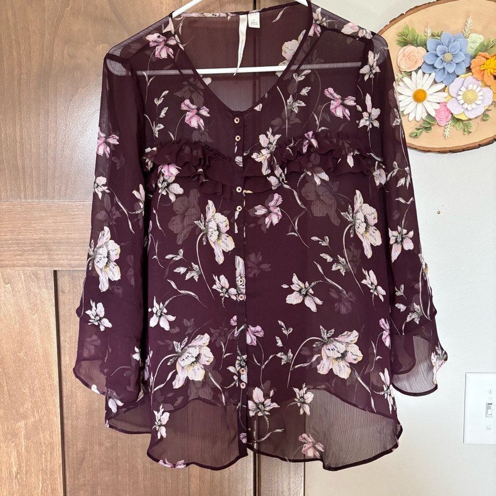 Women's LC Lauren Conrad Ruffle Chiffon Blouse Size L Wine Floral - Picture 4 of 6